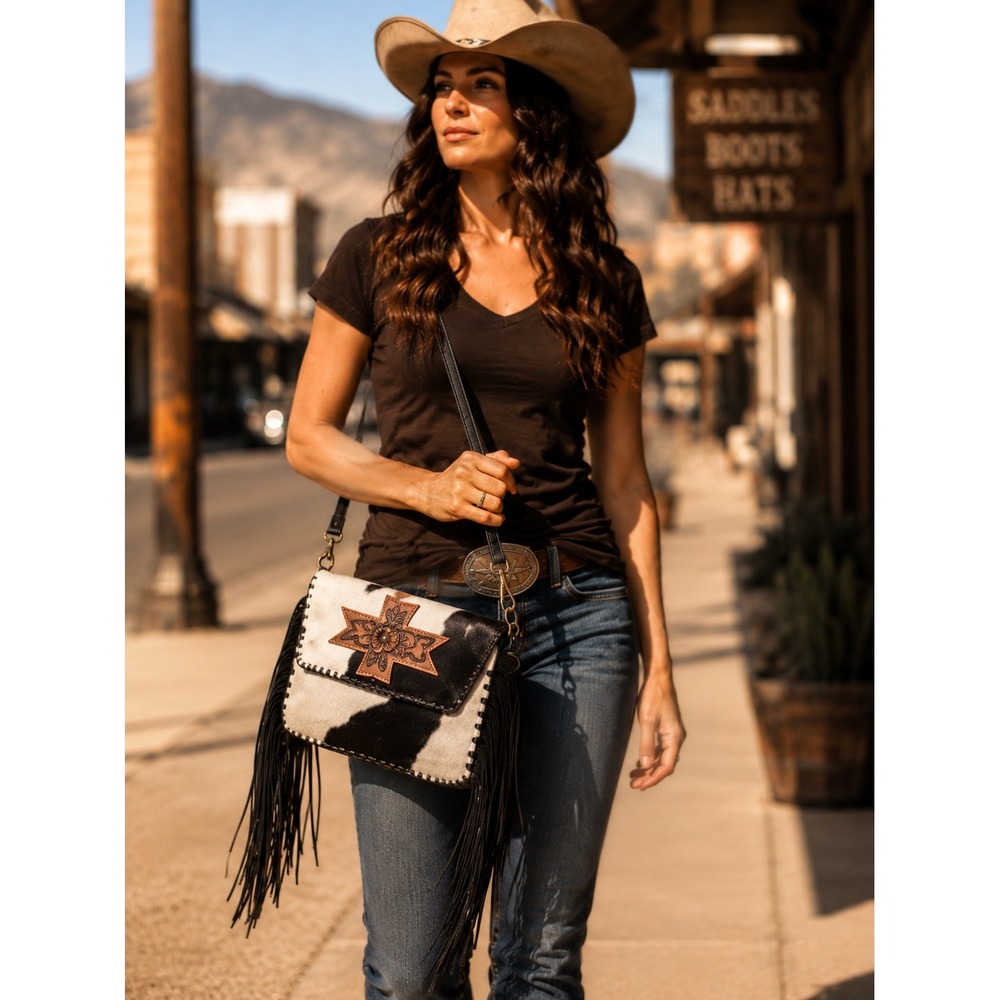 American Darling Crossbody Bag Women Black White Cowhide Fringe Hand Tooled New